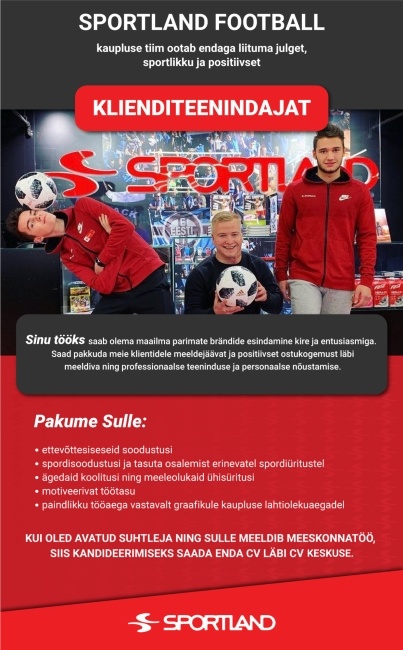 Sportland Eesti AS Sportland Football klienditeenindaja