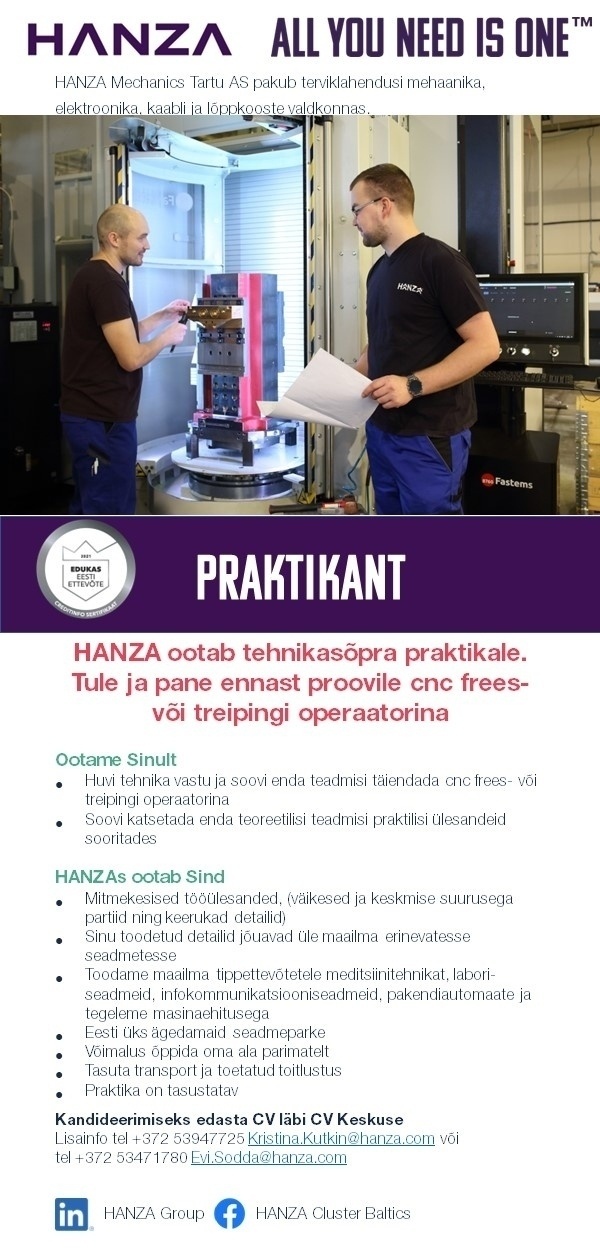 HANZA Mechanics Tartu AS Praktikant cnc frees-või treipingi operaator