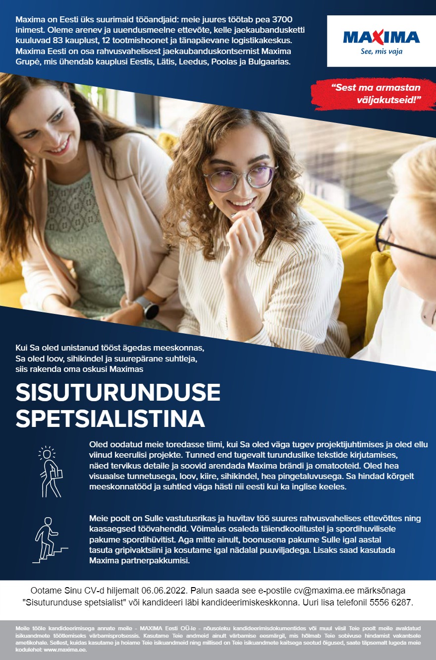 Maxima Eesti OÜ Sisuturunduse spetsialist