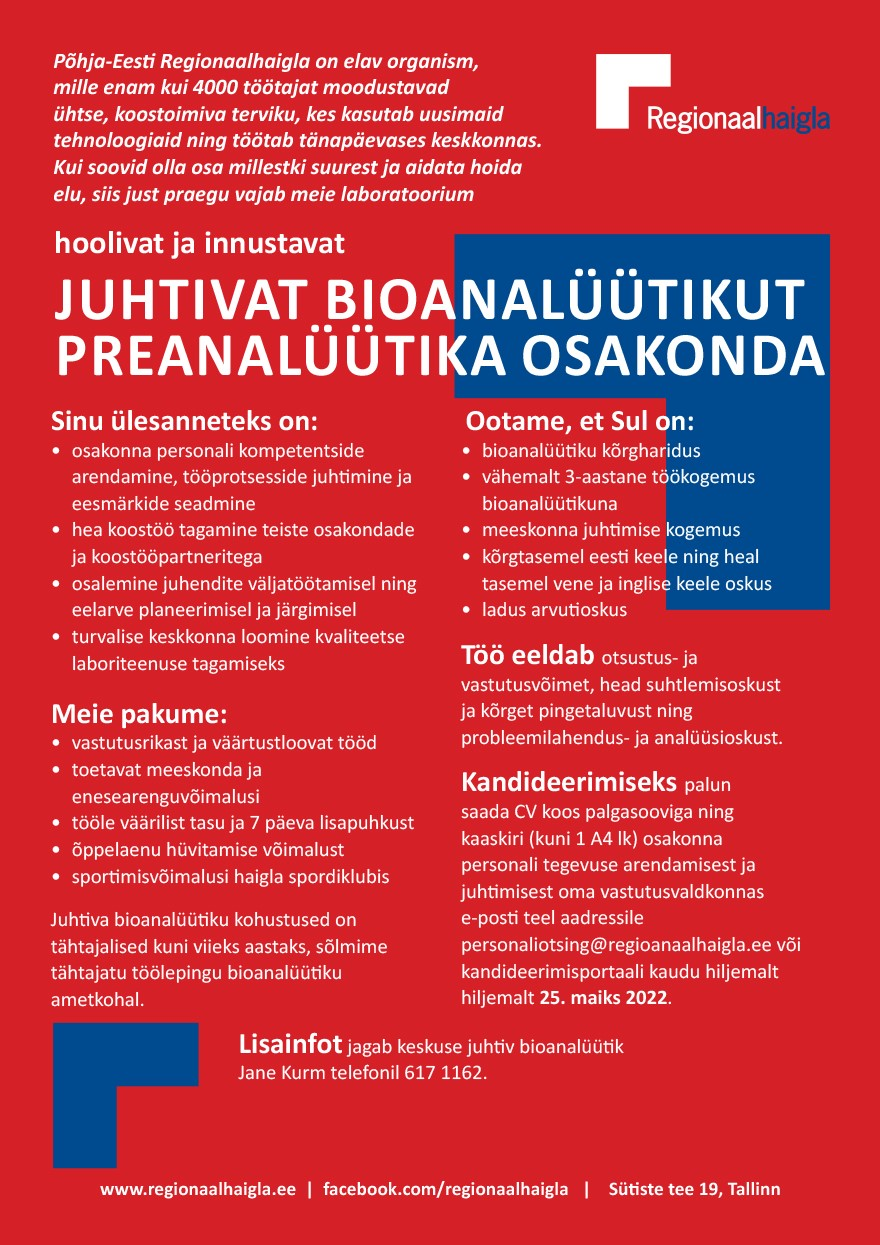 Põhja-Eesti Regionaalhaigla Juhtiv bioanalüütik preanalüütika osakonda