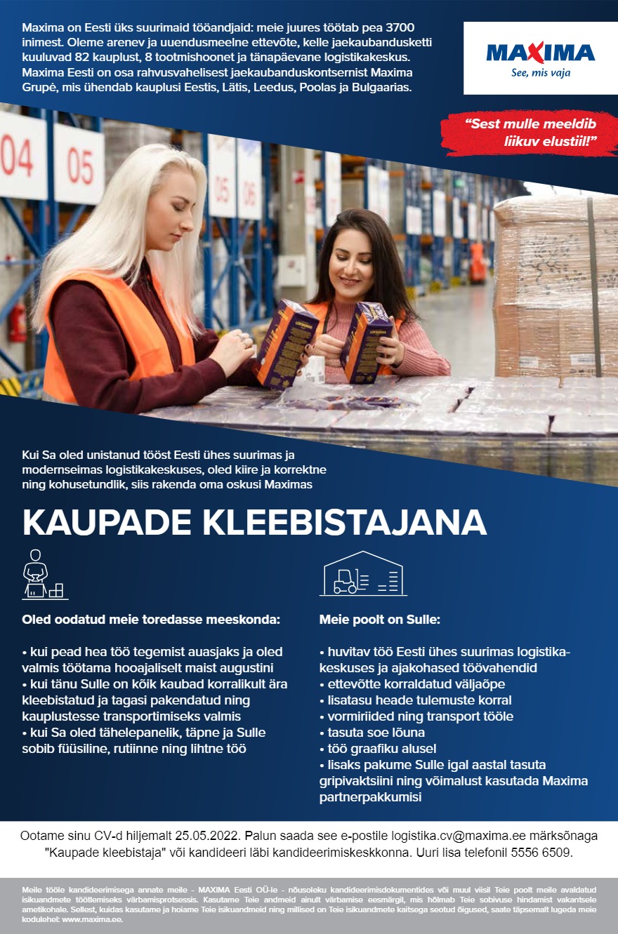 Maxima Eesti OÜ Kaupade kleebistajad Maxima Logistikakeskuses (tähtajaline)