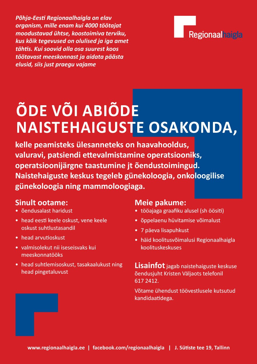 Põhja-Eesti Regionaalhaigla Õde või abiõde naistehaiguste osakonda