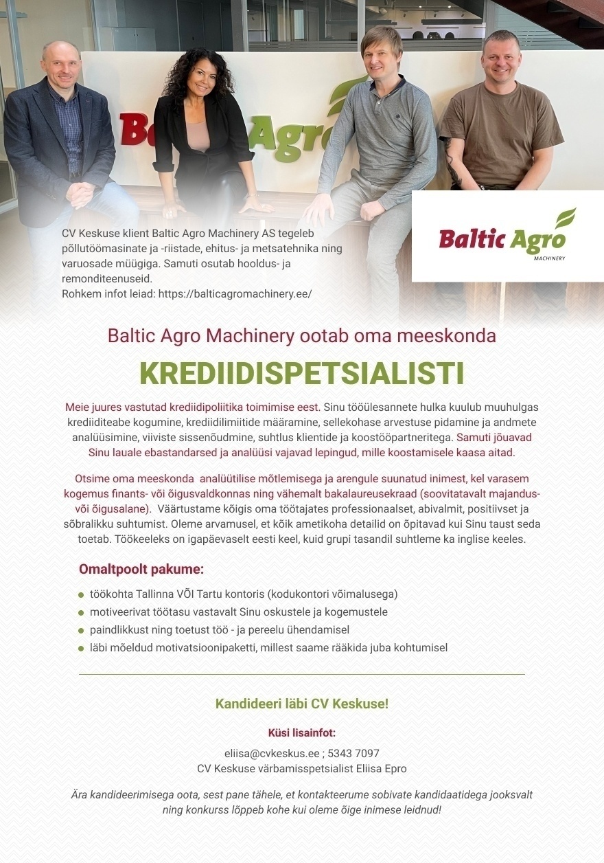 Baltic Agro Machinery AS  KREDIIDISPETSIALIST