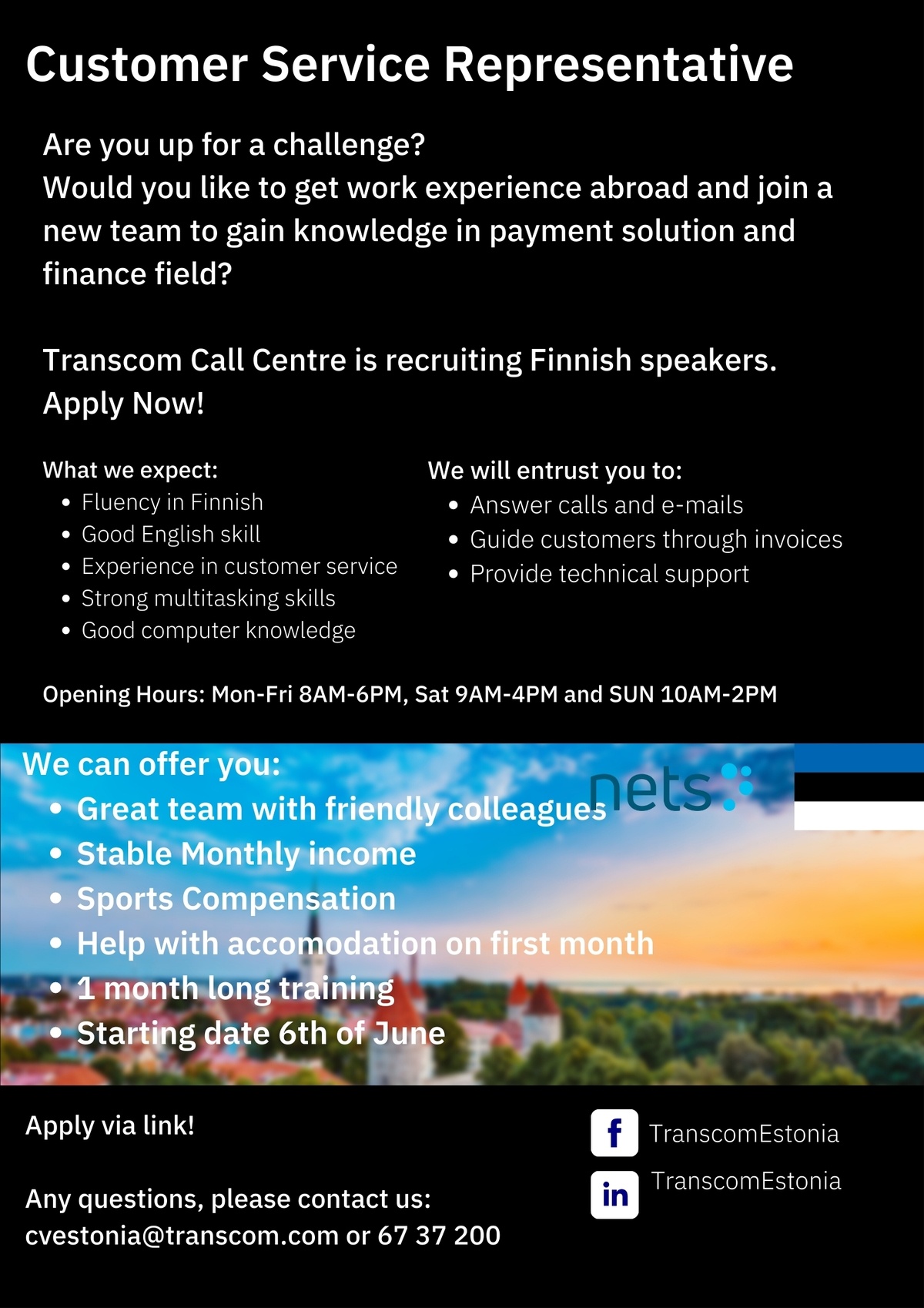 Transcom Eesti OÜ Finnish Technical Customer Support Representative