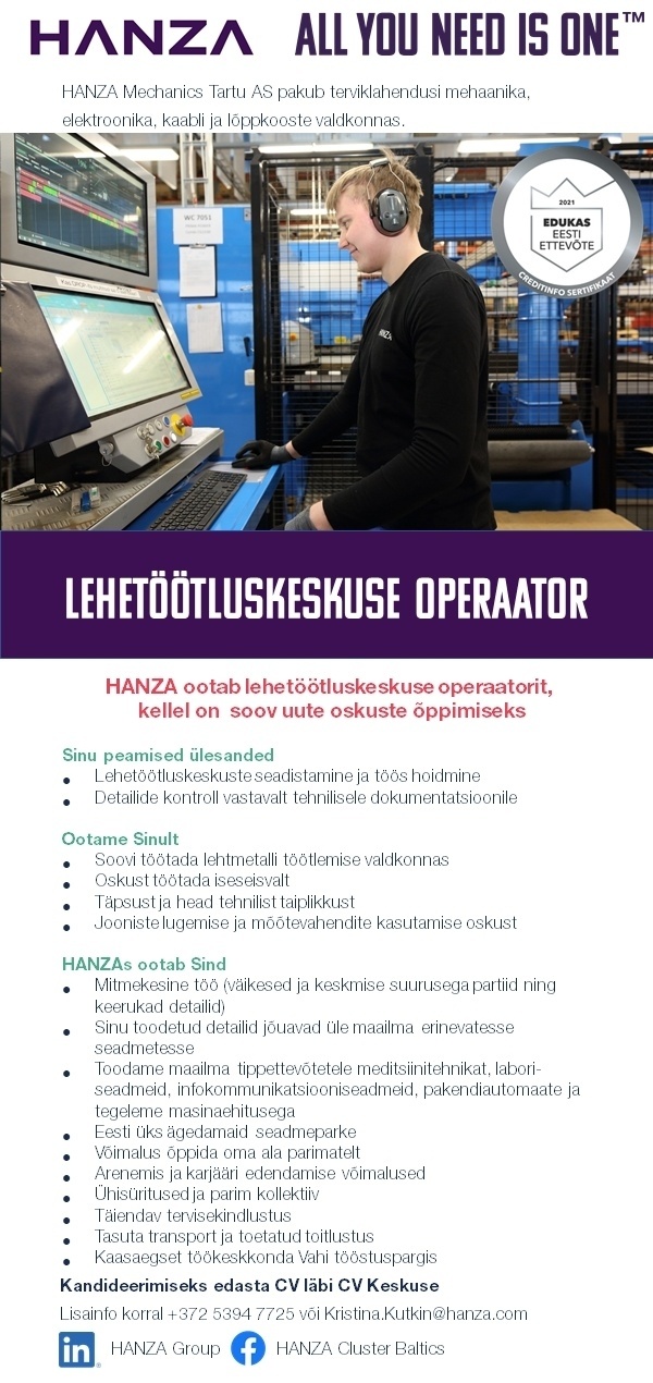 HANZA Mechanics Tartu AS Lehetöötluskeskuse operaator