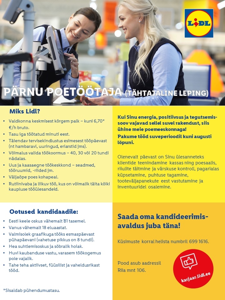 Lidl Eesti OÜ Pärnu poetöötaja (tähtajaline leping suveks)