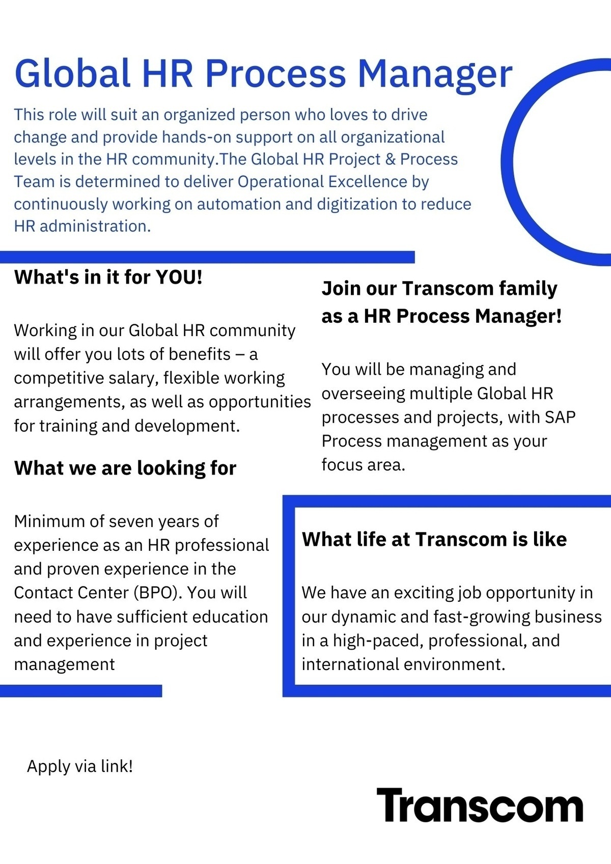 Transcom Eesti OÜ Global HR Process Manager
