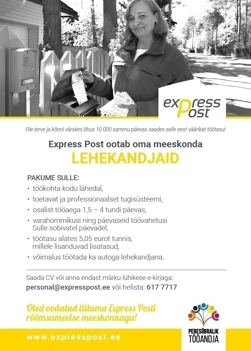 Express Post AS Lehekandja töö Sinu kodu lähedal Keilas või Viimsis