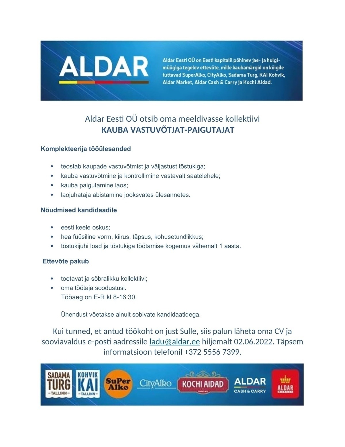 Aldar Eesti OÜ Kauba vastuvõtja-paigutaja-C&C Aldar
