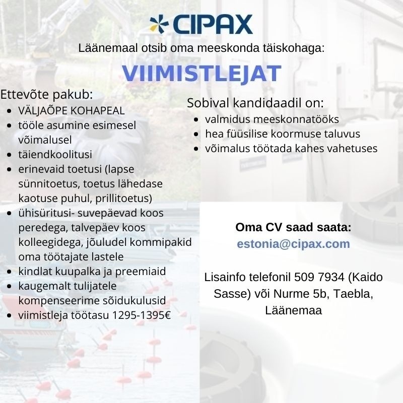 Cipax Eesti AS Plasttoodete viimistleja