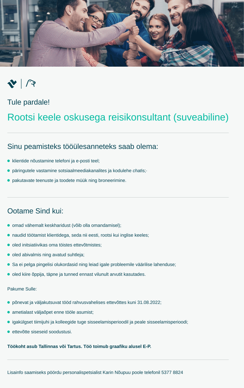 Tallink Grupp AS Reisikonsultant rootsi keele oskusega (suveabiline)