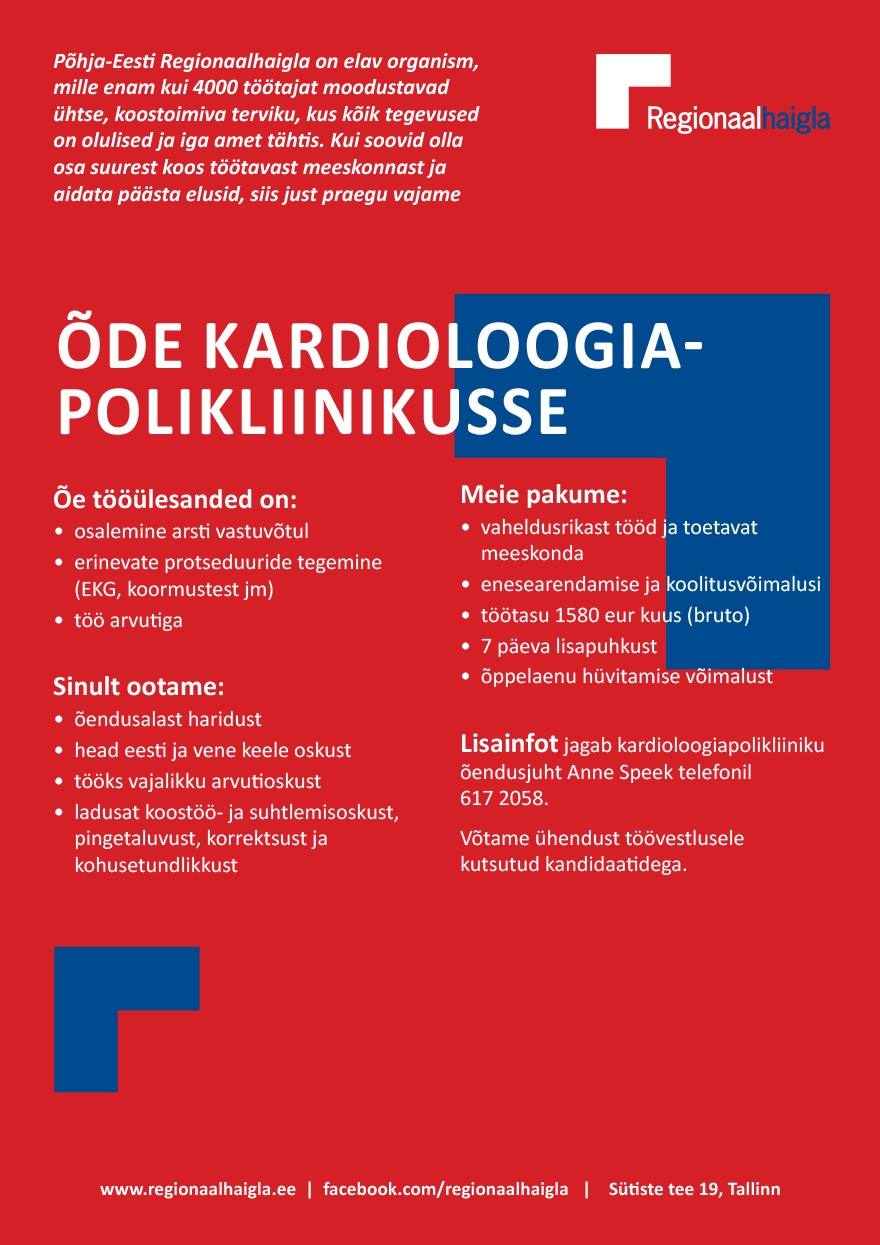 Põhja-Eesti Regionaalhaigla Õde kardioloogiapolikliinikusse
