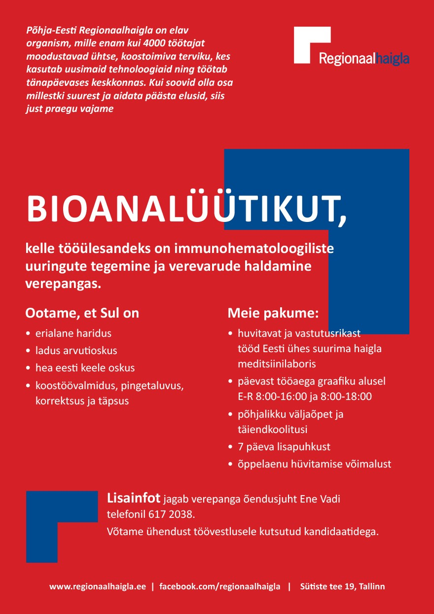 Põhja-Eesti Regionaalhaigla Bioanalüütik verepanka