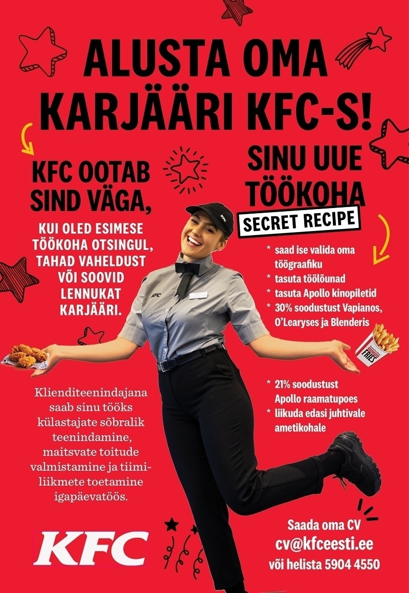 APL Fresh Food OÜ KFC otsib tiimi klienditeenindajaid (Tasku ja Lõunakeskus)