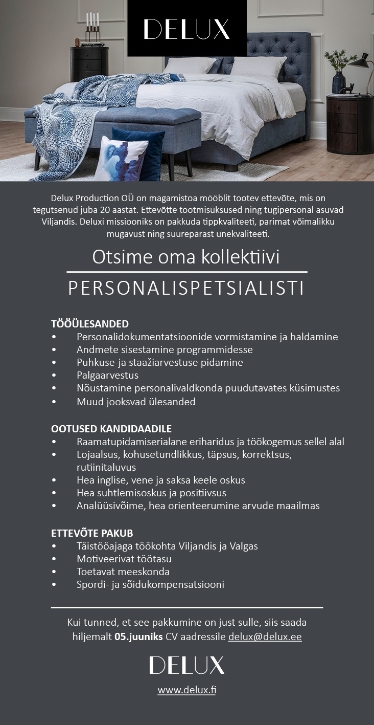 DELUX PRODUCTION OÜ Personalispetsialist