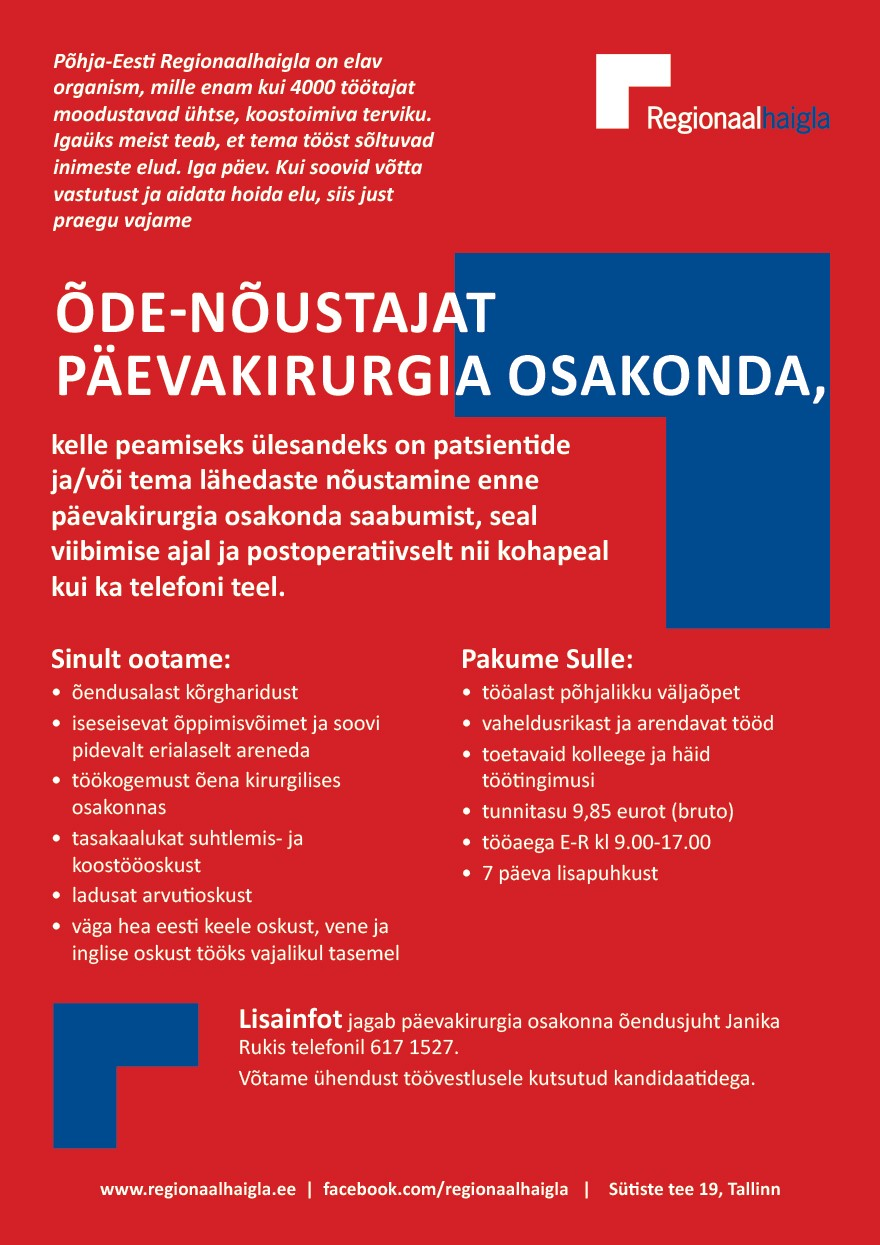 Põhja-Eesti Regionaalhaigla Õde-nõustaja päevakirurgia osakonda