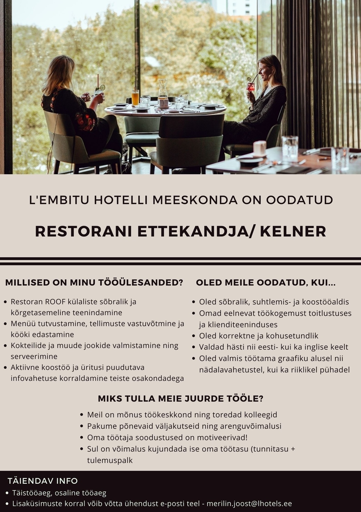 HOTEL L'EMBITU OÜ RESTORAN ROOF ETTEKANDJA/ KELNER
