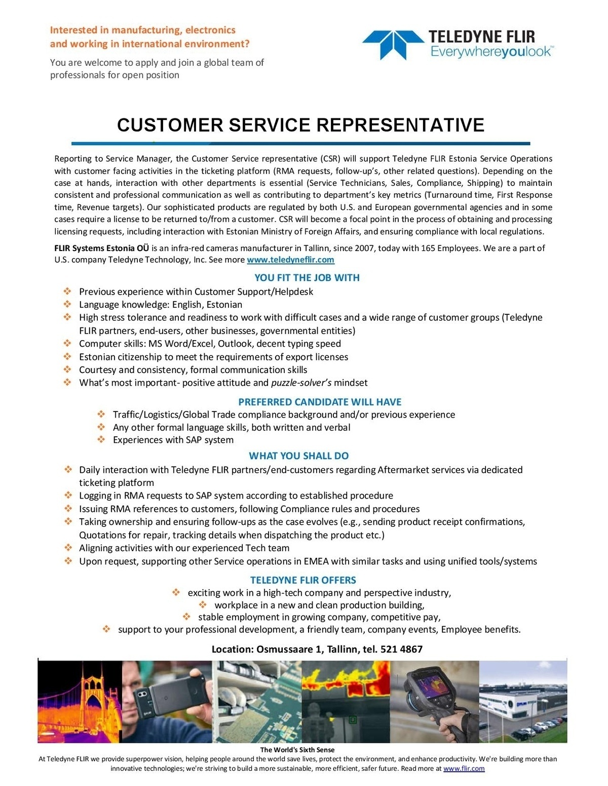 FLIR Systems Estonia OÜ Customer Service Representative