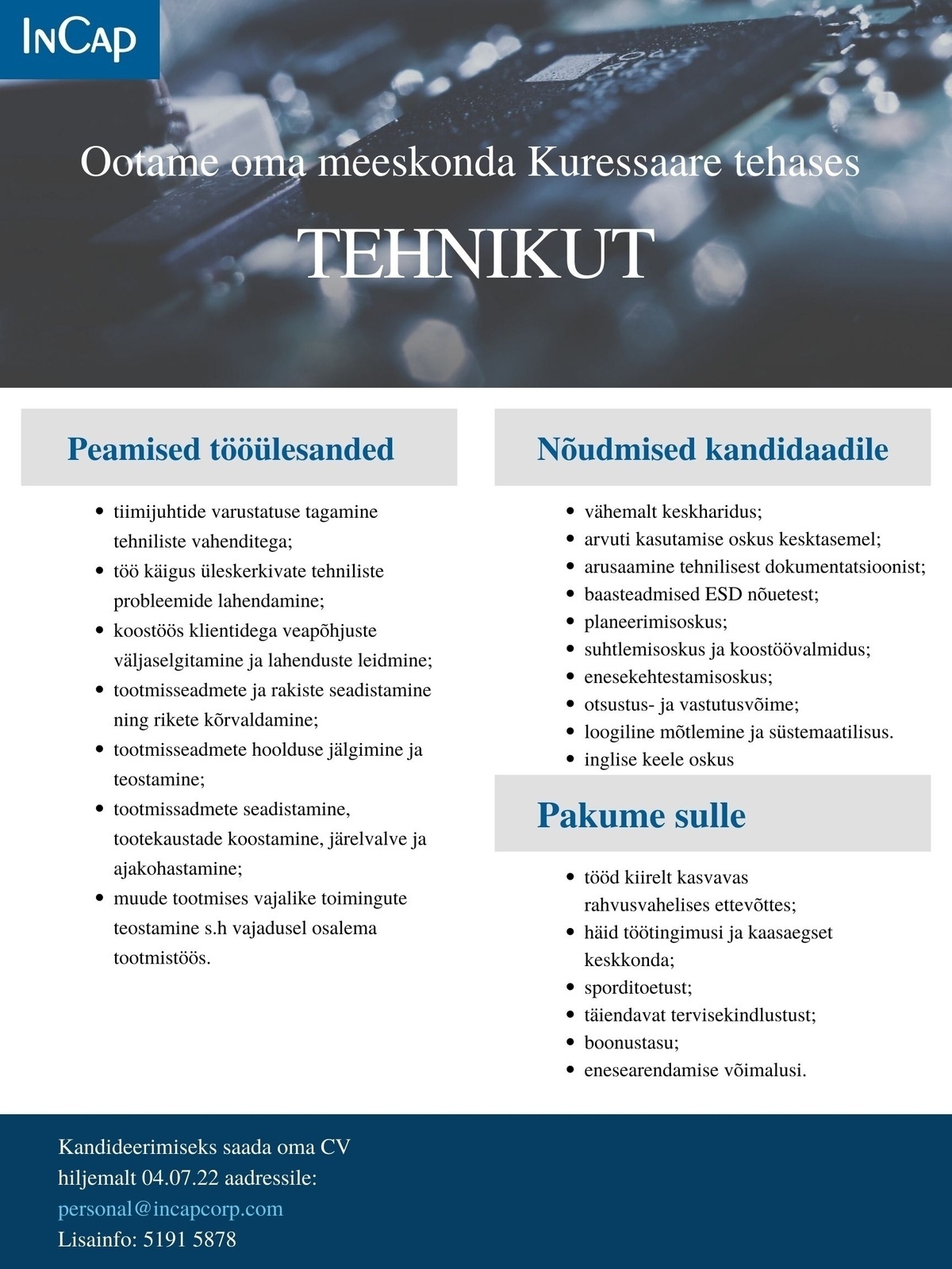 Incap Electronics Estonia OÜ Tootmistehnik