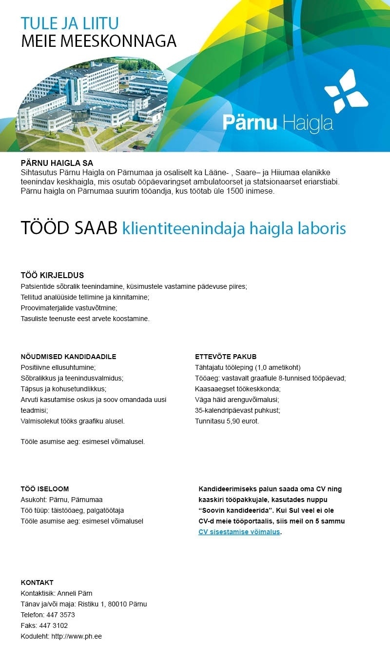 Pärnu Haigla SA Klienditeenindaja haigla laboris