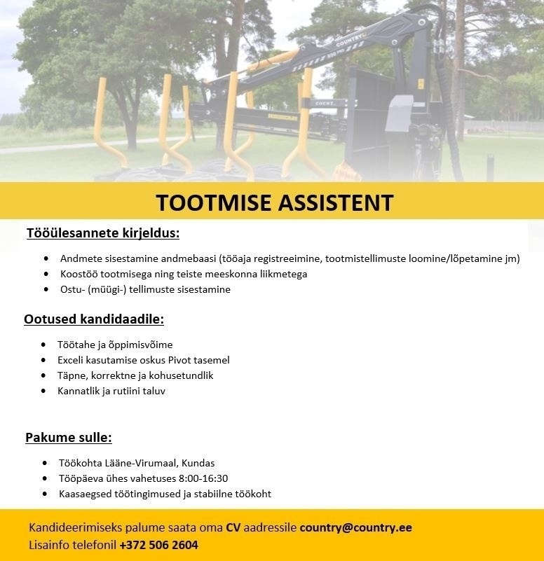 COUNTRY OÜ Tootmise assistent