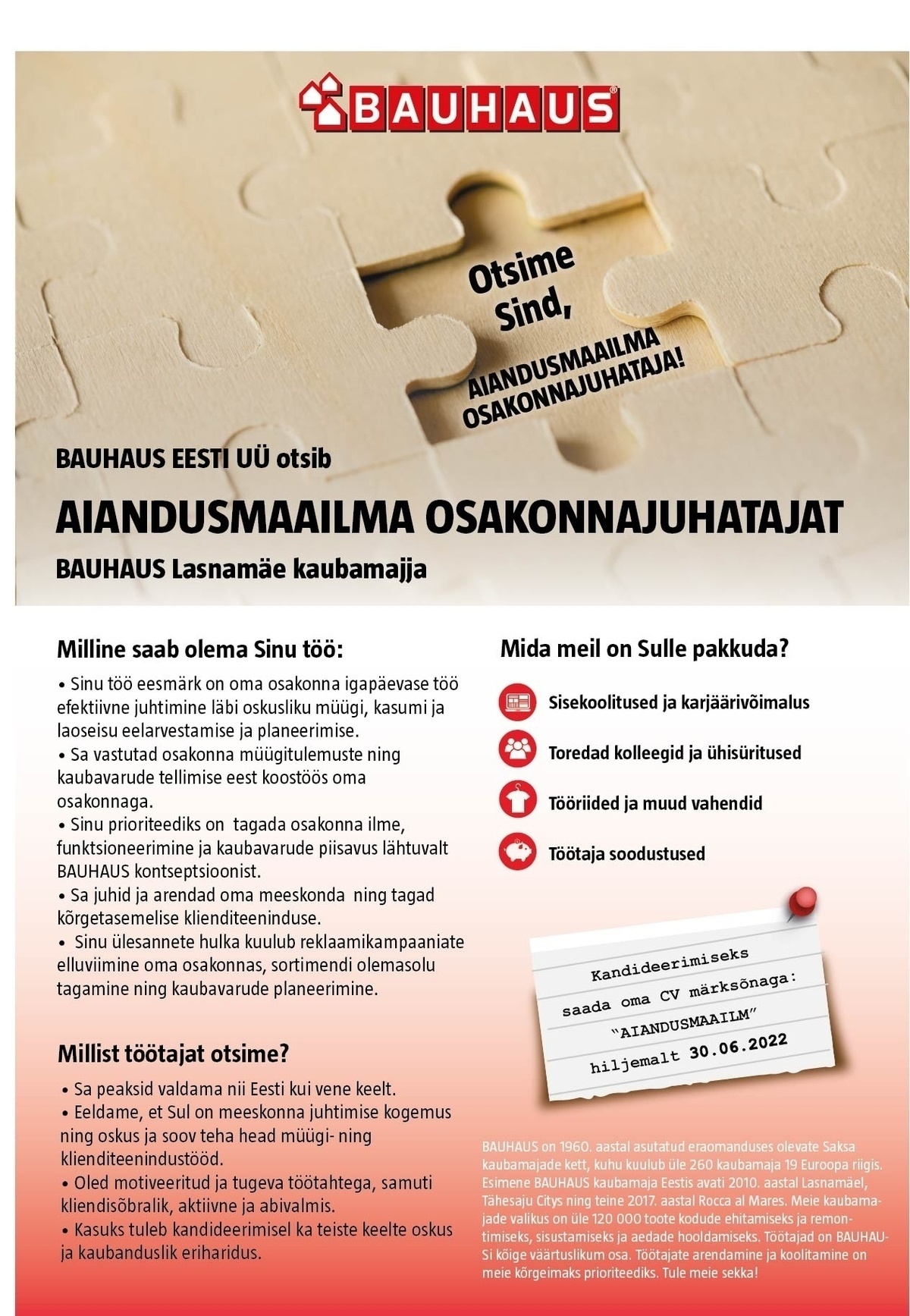 BAUHAUS EESTI UÜ AIANDUSMAAILMA OSAKONNAJUHATAJA (Lasnamäe BAUHAUS)