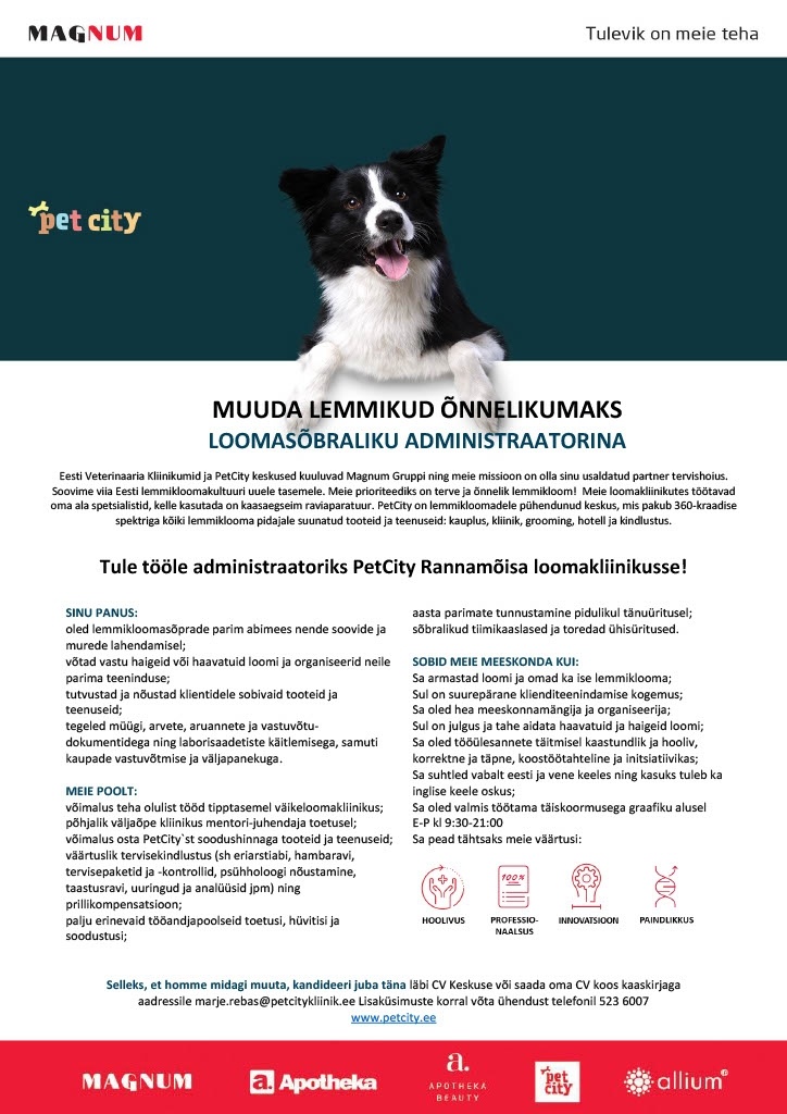 Eesti Veterinaaria Kliinikumid OÜ Administraator Rannamõisa PetCity loomakliinikus