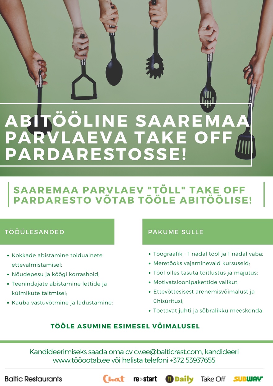 Baltic Restaurants Estonia AS Abitööline Saaremaa parvlaeva Take Off Pardarestosse!