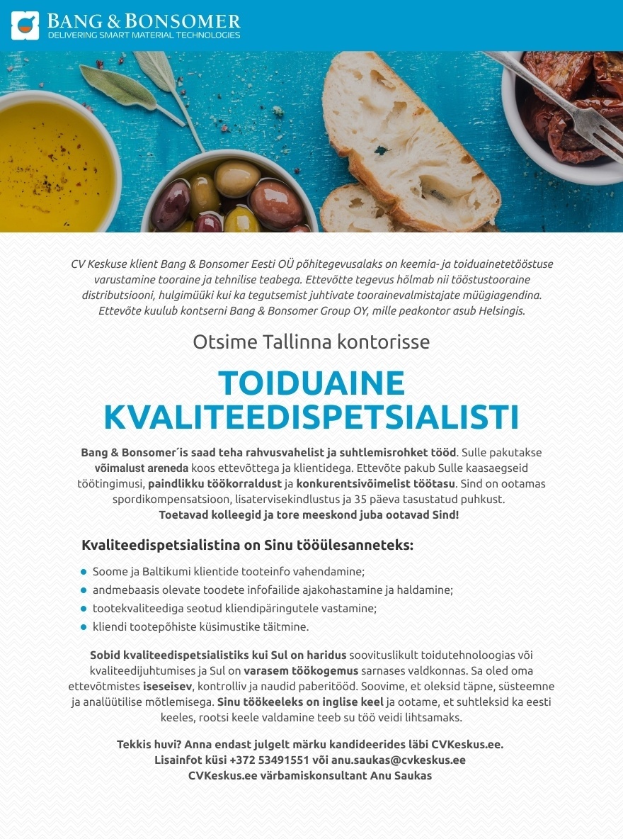 Bang & Bonsomer Eesti OÜ TOIDUAINE KVALITEEDISPETSIALIST