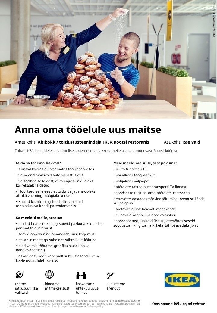 Runikon Retail OÜ (IKEA Estonia) Abikokk / toitlustusteenindaja IKEA Rootsi restoranis