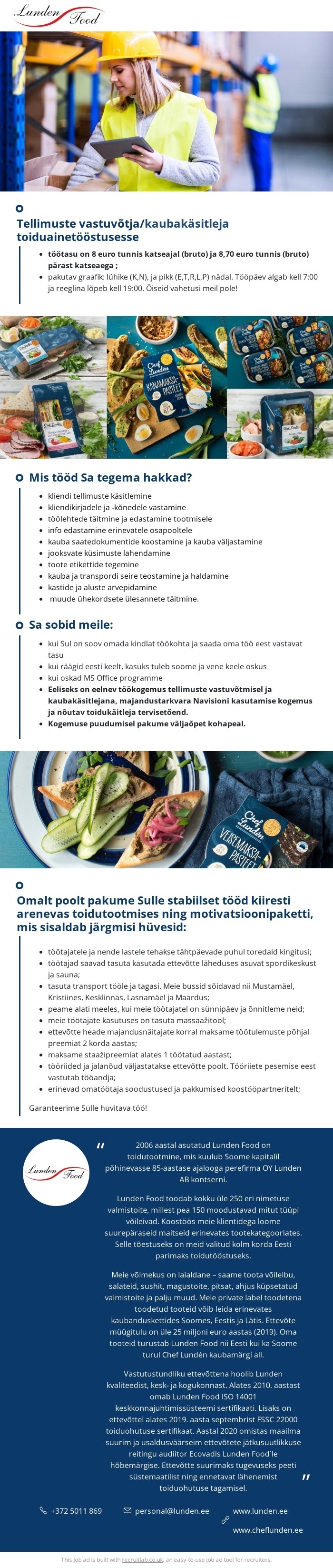 Lunden Food OÜ Tellimuste vastuvõtja/kaubakäsitleja