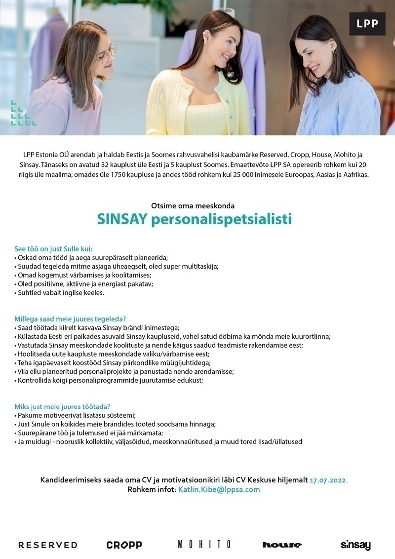 LPP Estonia OÜ Sinsay personalispetsialist Eesti/Soome