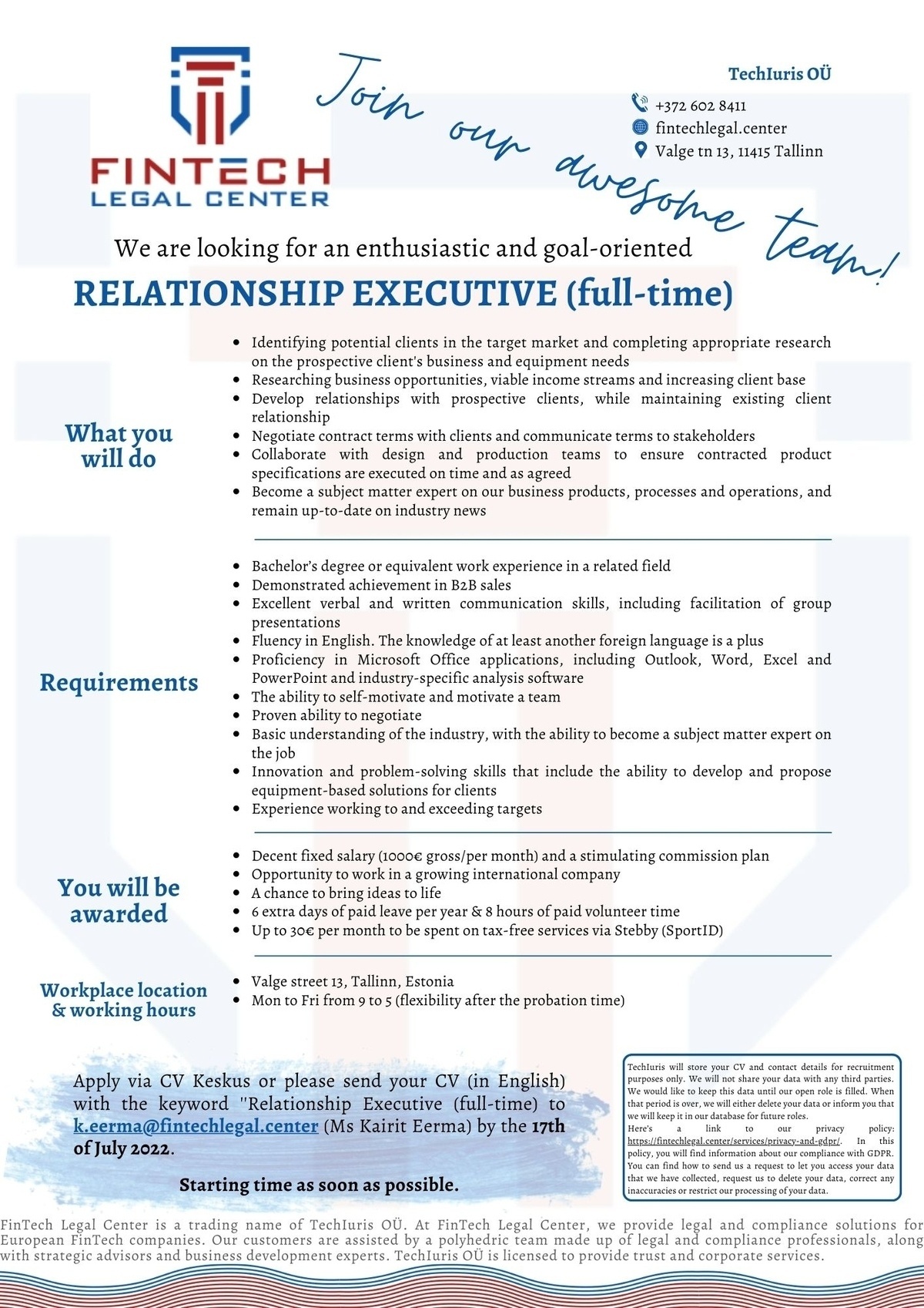 TechIuris OÜ Relationship Executive (full-time)