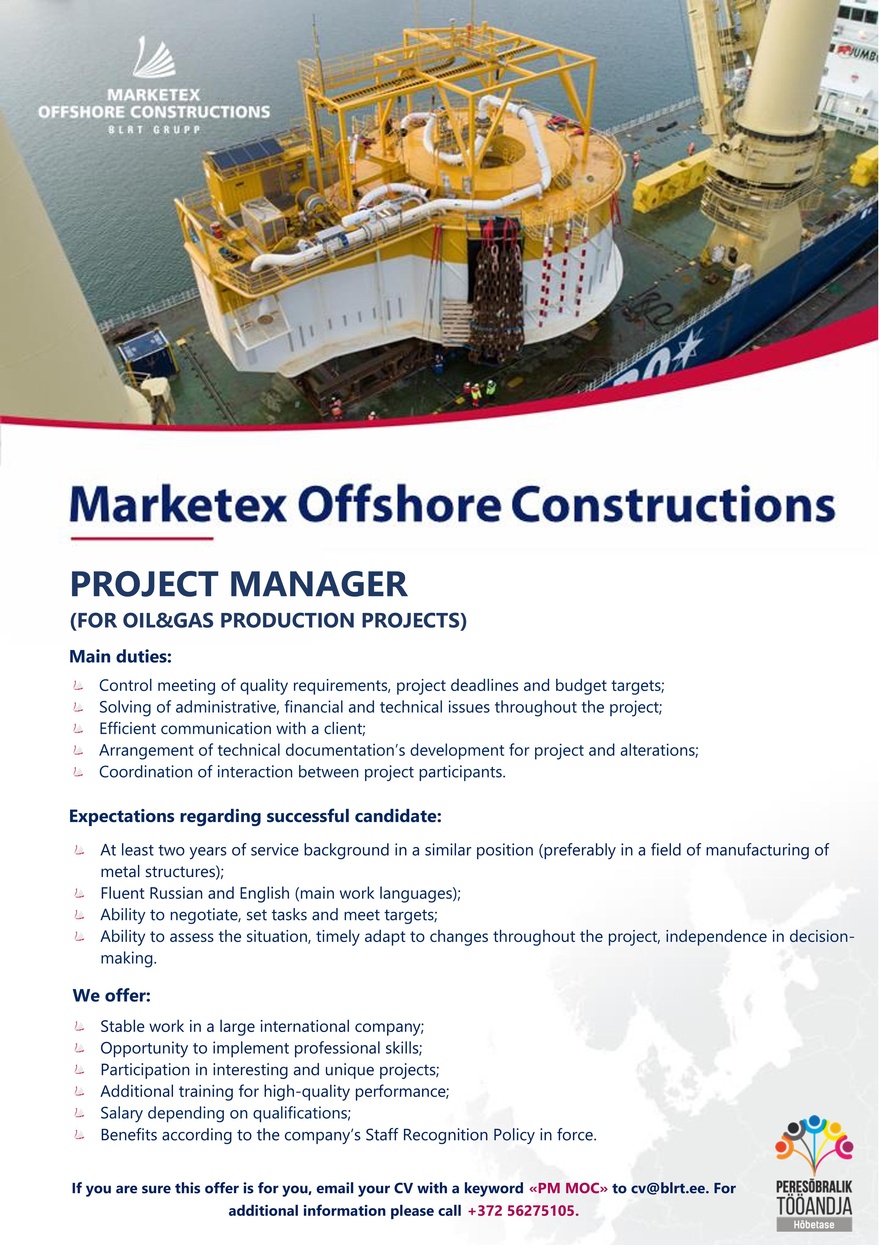 Marketex Offshore Constructions OU Project manager (for oil&gas production projects)