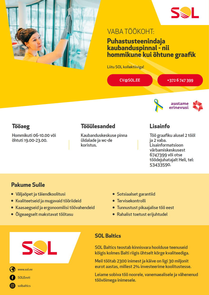 SOL Baltics OÜ Puhastusteenindaja kaubanduspinnal TARTUS - nii hommikune kui õhtune vahetus.