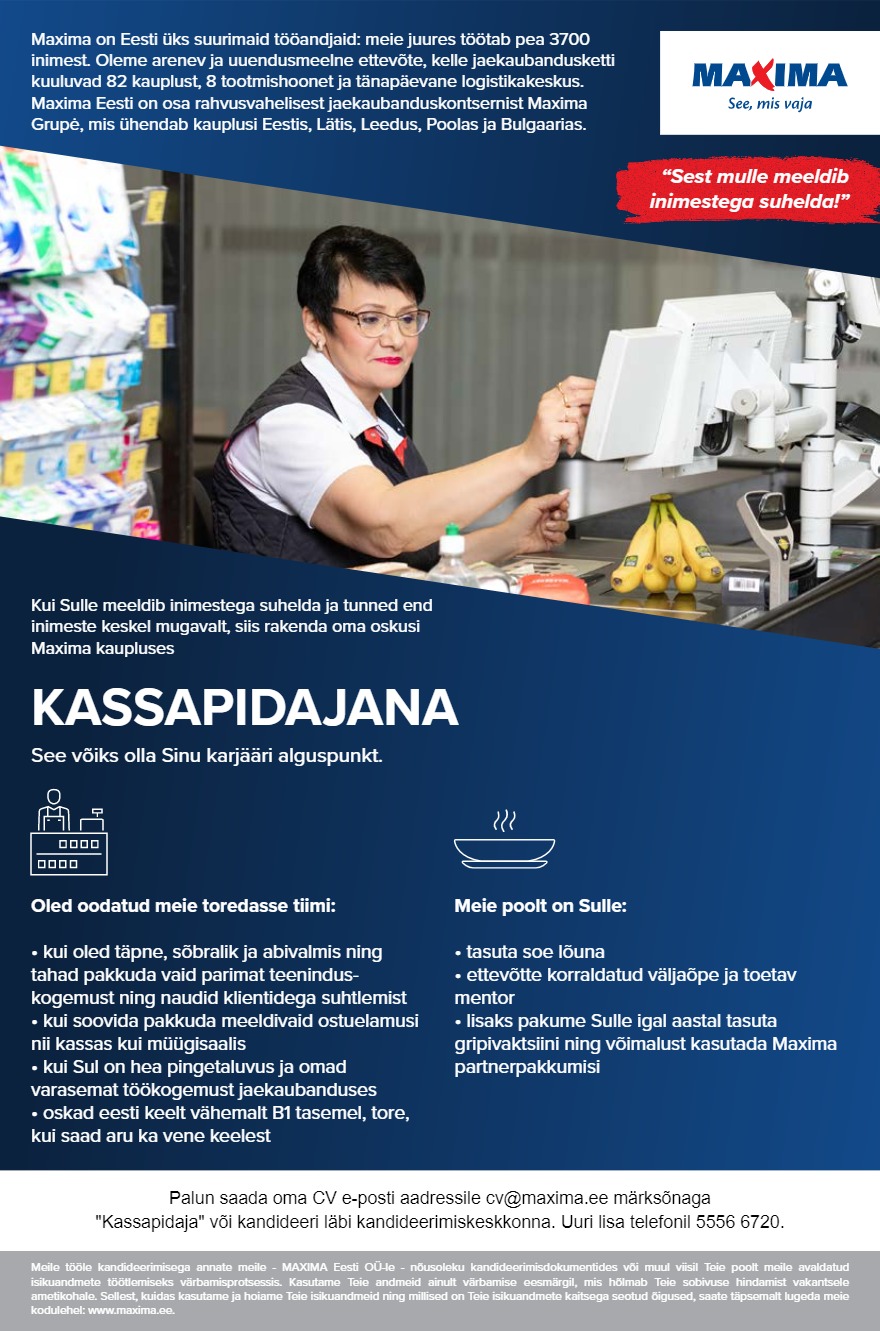 CVKeskus.ee klient Kassapidaja-müüja Rapla Maximas (Tallinna mnt 50a)