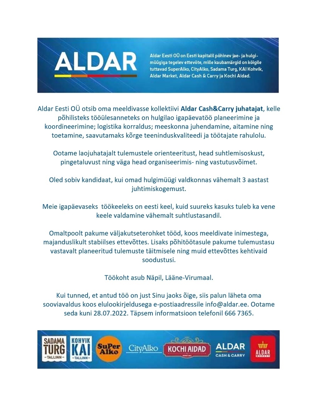 Aldar Eesti OÜ Aldar Cash&Carry juhataja