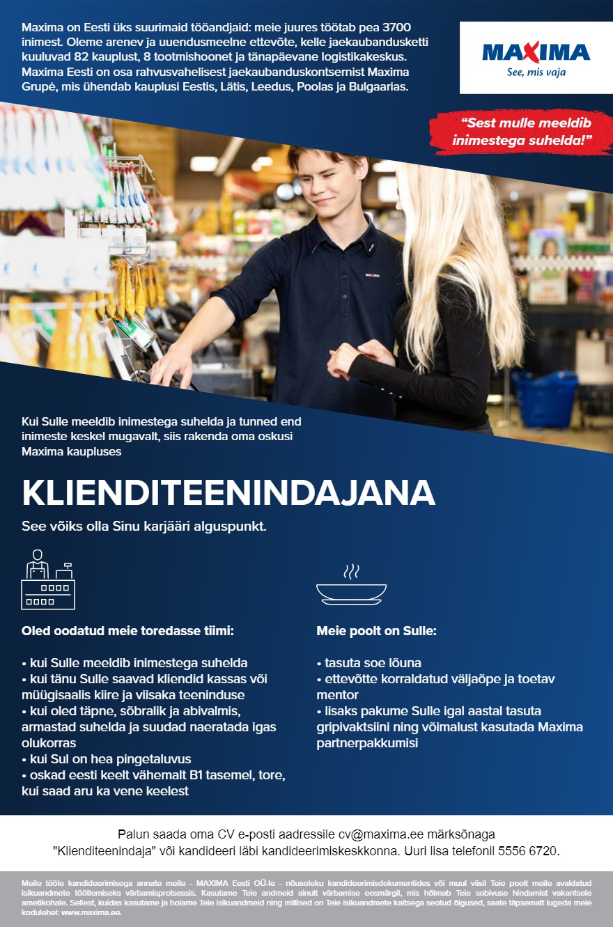CVKeskus.ee klient Kassapidaja-müüja Paide Maximas (Pärnu mnt 63/65)