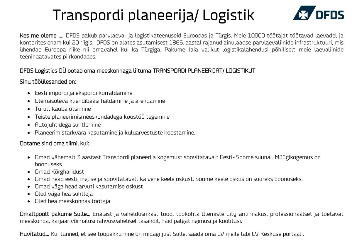 CVKeskus.ee klient Transpordi planeerija/ Logistik