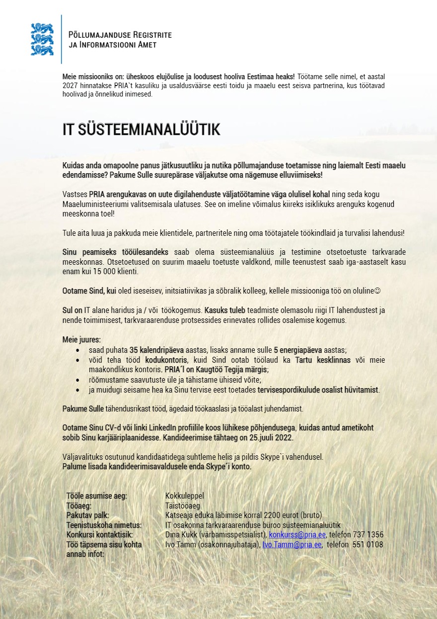 Põllumajanduse Registrite ja Informatsiooni Amet IT süsteemianalüütik