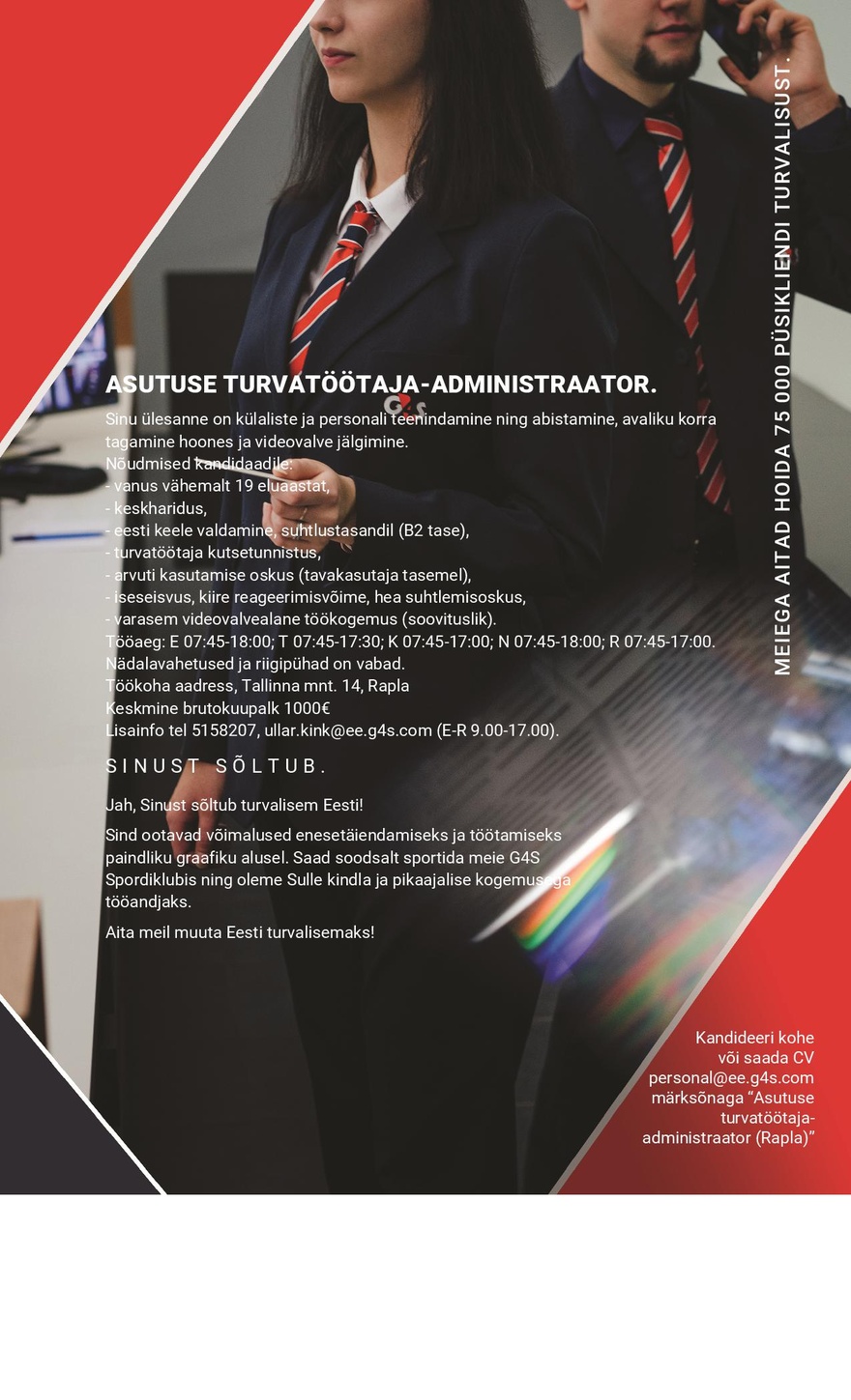 AS G4S Eesti Asutuse turvatöötaja-administraator, keskmine brutokuupalk 1000€