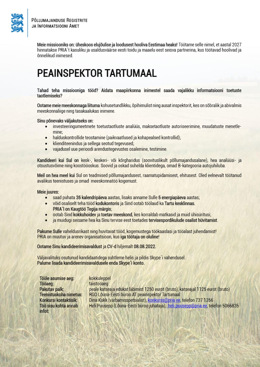 Põllumajanduse Registrite ja Informatsiooni Amet Peainspektor Tartumaal