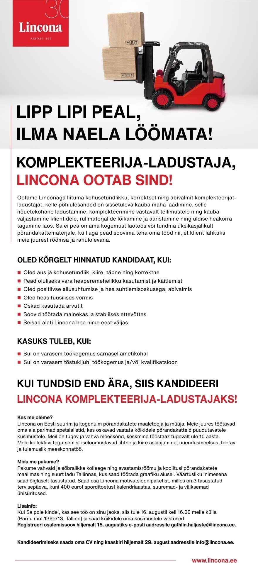 Lincona Konsult AS Komplekteerija-ladustaja