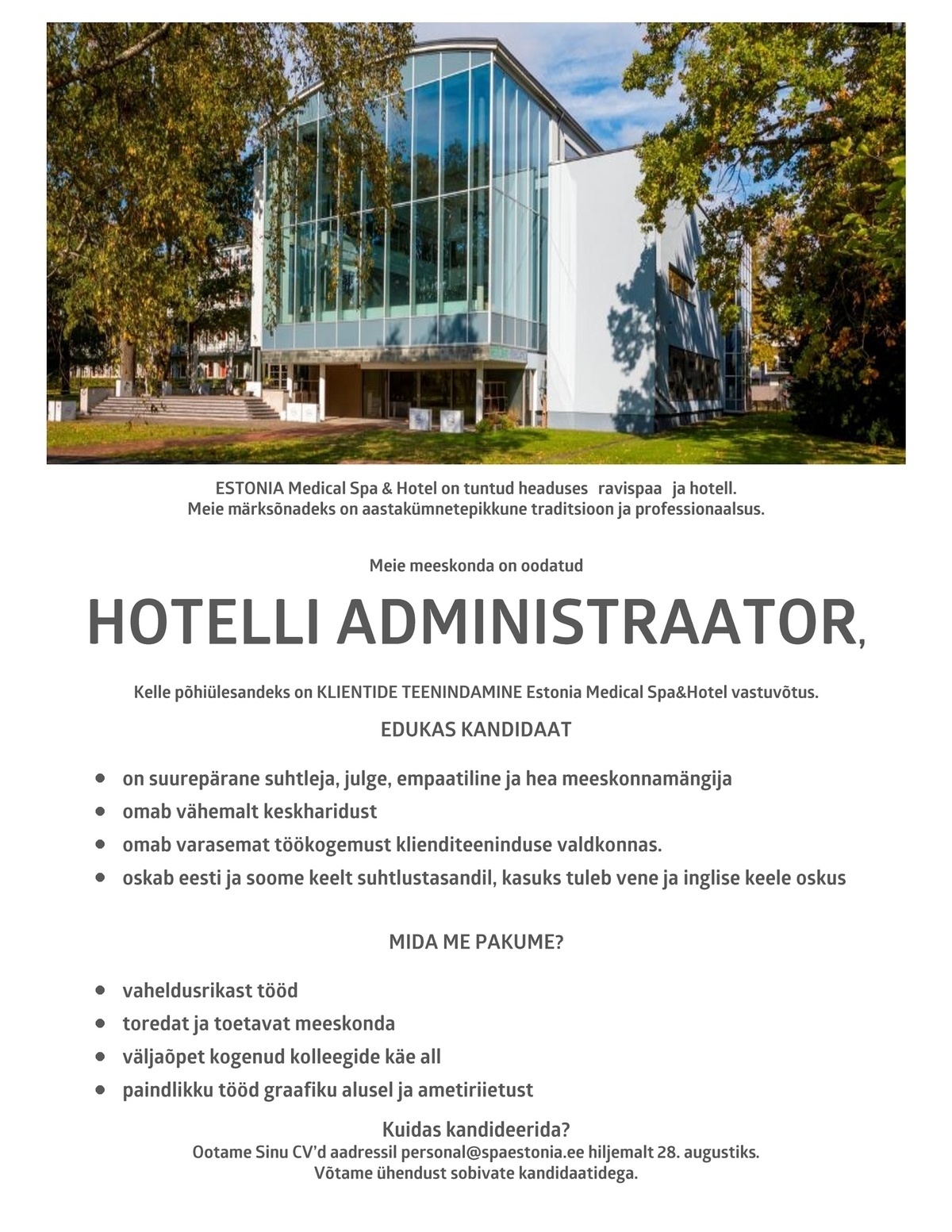 Estonia Spa Hotels AS Hotelli administraator ESTONIA Medical Spa & Hotel´is