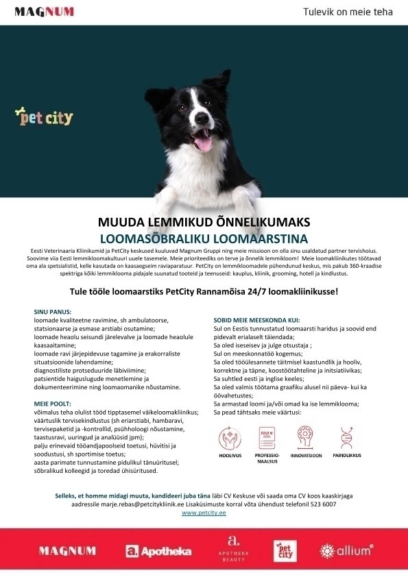 Eesti Veterinaaria Kliinikumid OÜ Loomaarst PetCity Rannamõisa 24/7 loomakliinikus