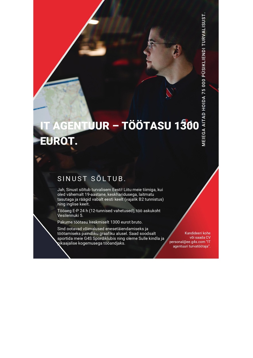 AS G4S Eesti IT agentuuri turvatöötaja - töötasu 1300 eurot bruto