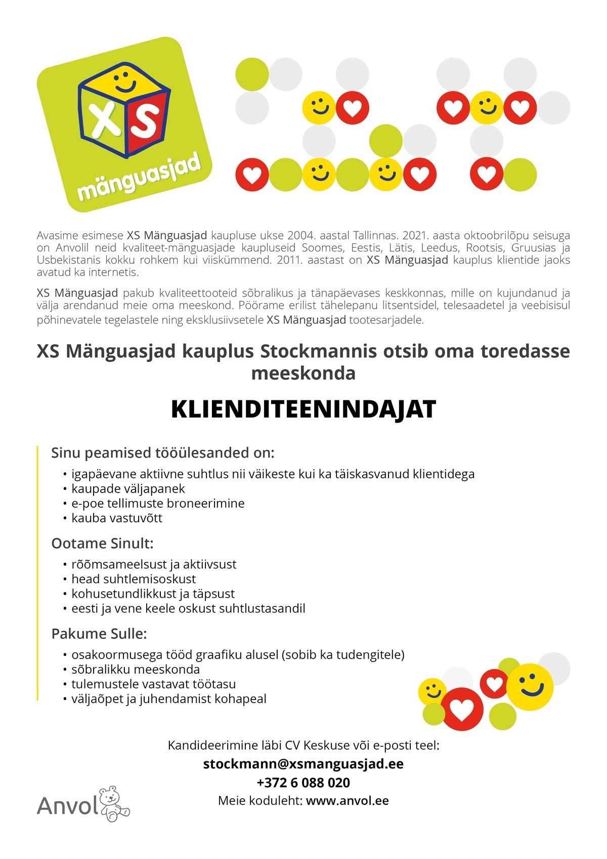 Anvol OÜ XS Mänguasjad kauplus Stockmannis otsib osalise tööajaga klienditeenindajat
