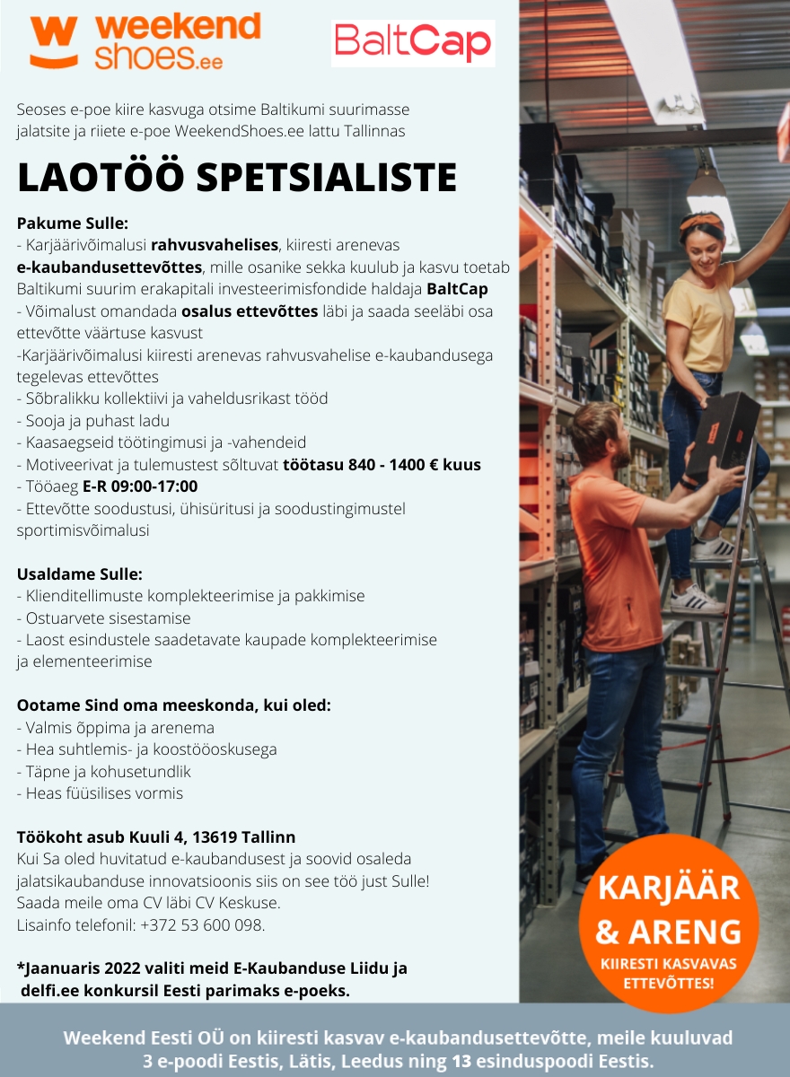 CVKeskus.ee klient LAOTÖÖ SPETSIALIST Tallinna logistikakeskusesse - HEA TÖÖTASU & TÖÖKESKKOND