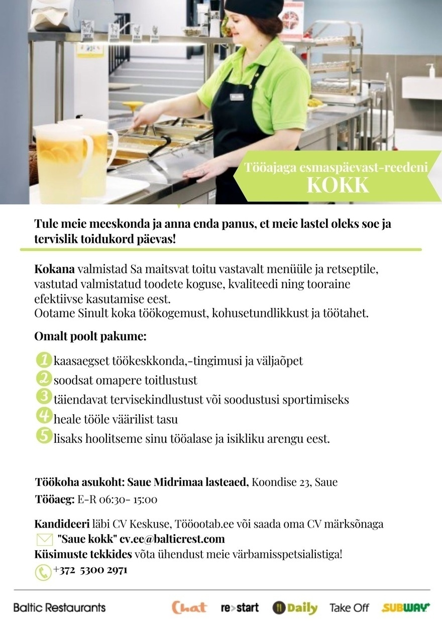 Baltic Restaurants KOKK Saue Midrimaa lasteaia Daily kööki!