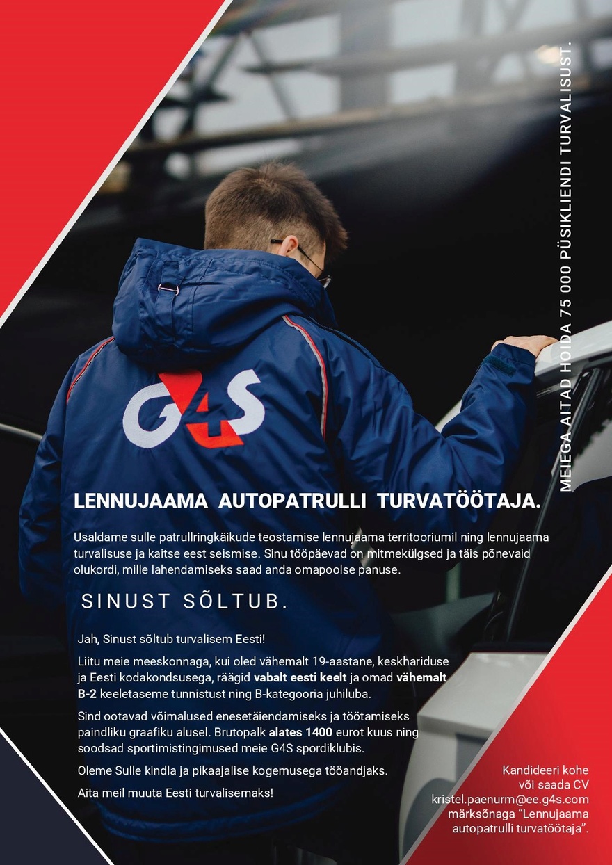 AS G4S Eesti Lennujaama autopatrulli julgestustöötaja- Töötasu alates 1400 eurot (bruto)